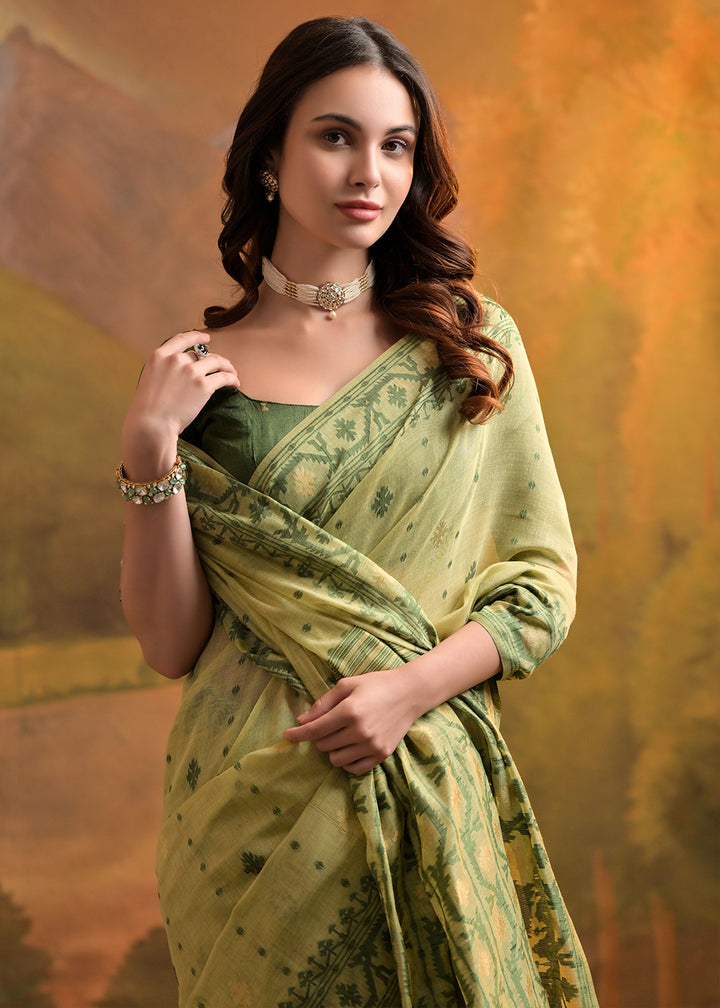 Pistachio Green Handcrafted Muga Cotton Saree with All-Over Butti Thread Weaving