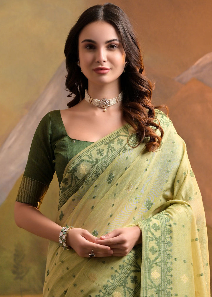 Pistachio Green Handcrafted Muga Cotton Saree with All-Over Butti Thread Weaving