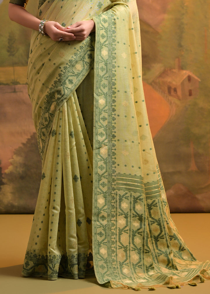 Pistachio Green Handcrafted Muga Cotton Saree with All-Over Butti Thread Weaving