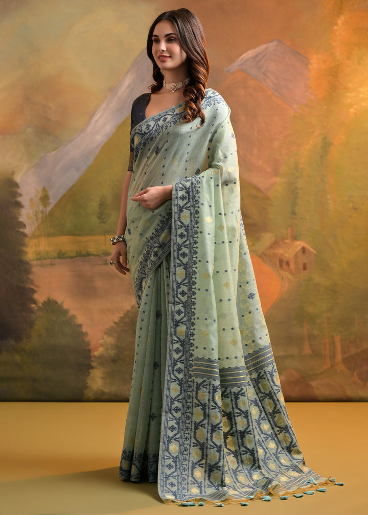Light Sea Green Handcrafted Muga Cotton Saree with All-Over Butti Thread Weaving