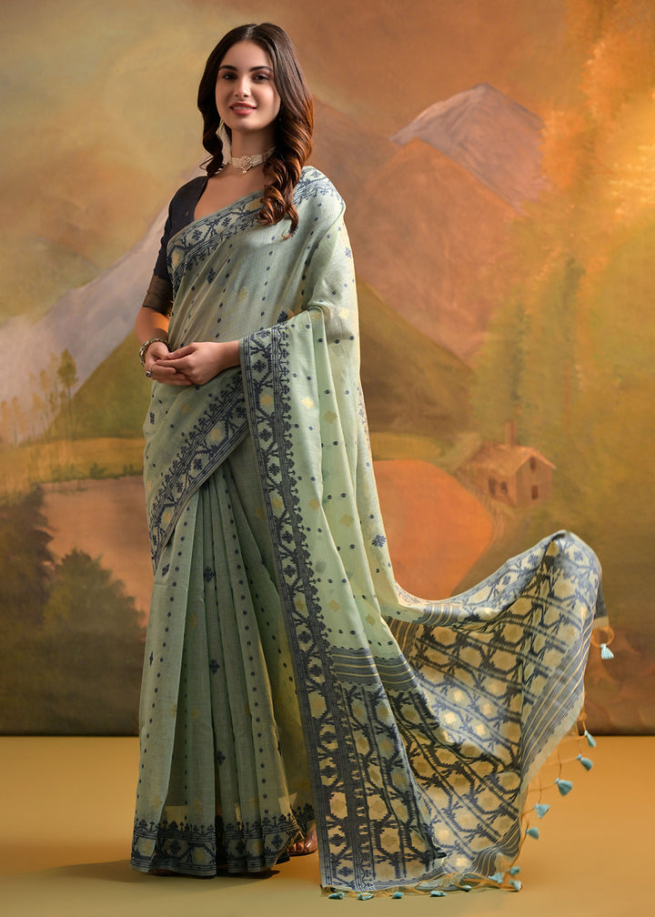 Light Sea Green Handcrafted Muga Cotton Saree with All-Over Butti Thread Weaving