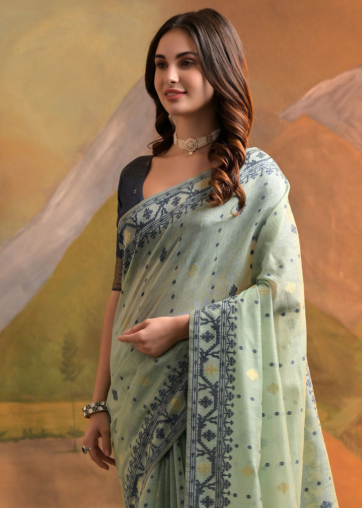 Light Sea Green Handcrafted Muga Cotton Saree with All-Over Butti Thread Weaving