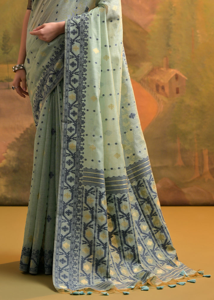 Light Sea Green Handcrafted Muga Cotton Saree with All-Over Butti Thread Weaving