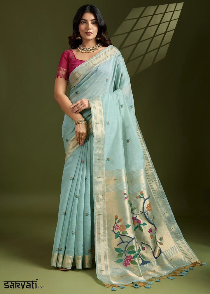 Light Blue Muga Cotton Saree Adorned with Woven Zari Paithani Pallu