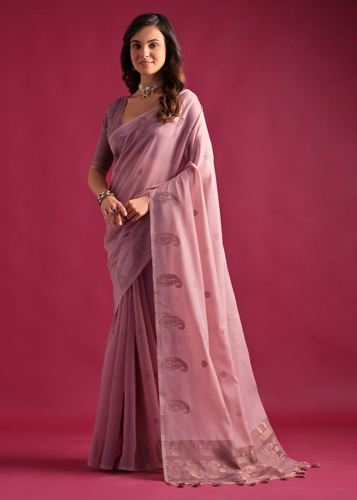 Pinkish Purple Mulmul Cotton Saree with Handwoven Keri Design Pallu & Butti Work