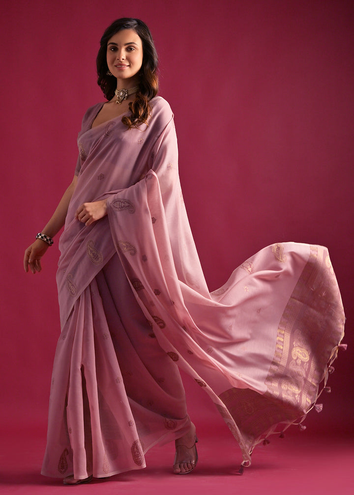 Pinkish Purple Mulmul Cotton Saree with Handwoven Keri Design Pallu & Butti Work