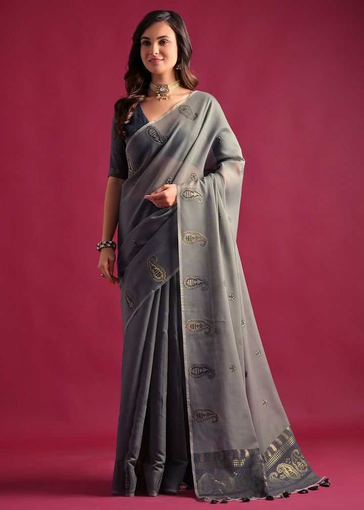 Shades Of Grey Mulmul Cotton Saree with Handwoven Keri Design Pallu & Butti Work