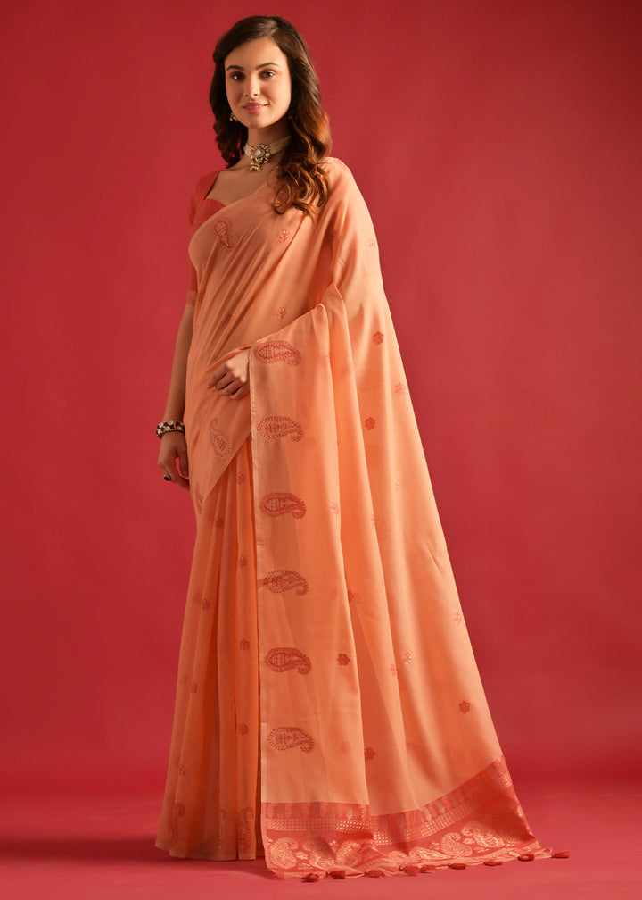 Salmon Orange Mulmul Cotton Saree with Handwoven Keri Design Pallu & Butti Work