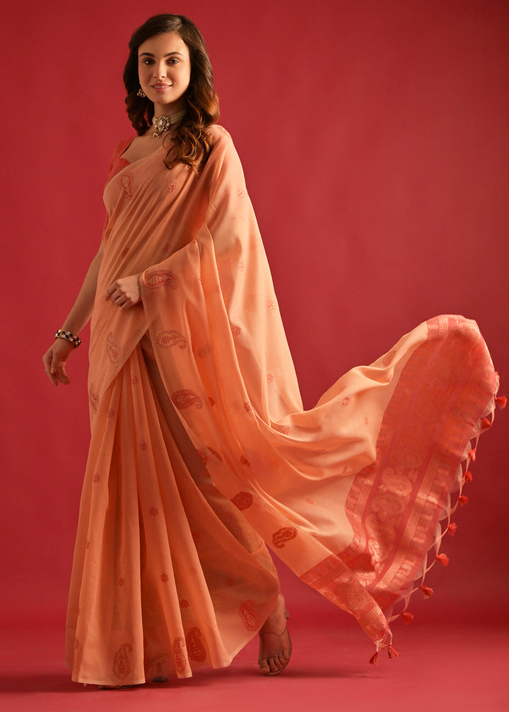 Salmon Orange Mulmul Cotton Saree with Handwoven Keri Design Pallu & Butti Work