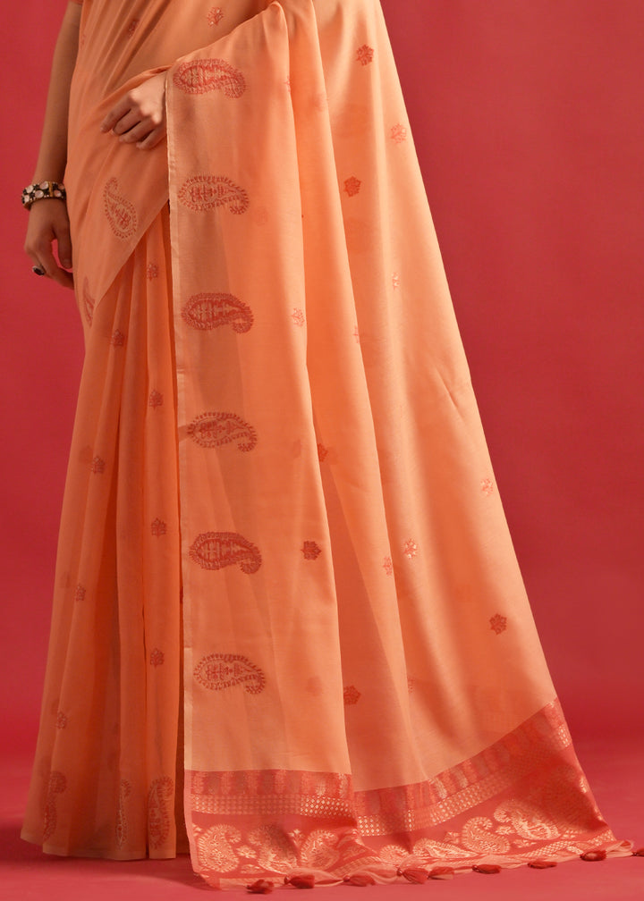 Salmon Orange Mulmul Cotton Saree with Handwoven Keri Design Pallu & Butti Work