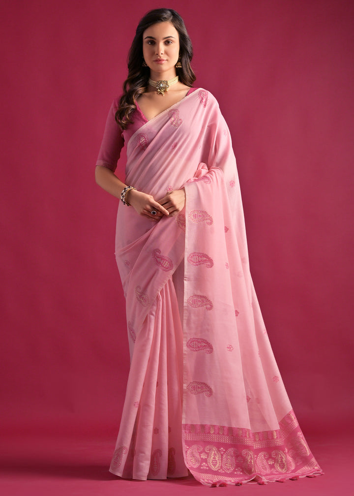 Valentine Pink Mulmul Cotton Saree with Handwoven Keri Design Pallu & Butti Work