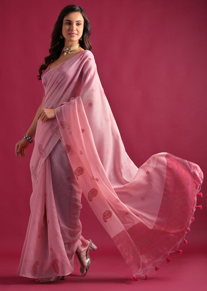 Valentine Pink Mulmul Cotton Saree with Handwoven Keri Design Pallu & Butti Work
