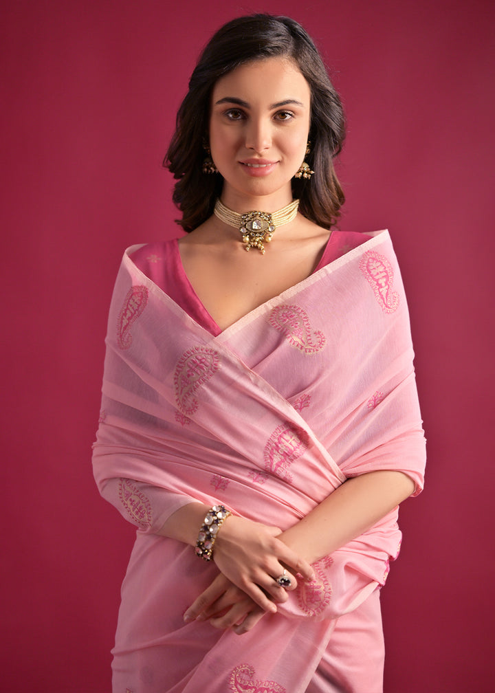 Valentine Pink Mulmul Cotton Saree with Handwoven Keri Design Pallu & Butti Work