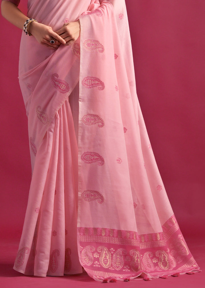 Valentine Pink Mulmul Cotton Saree with Handwoven Keri Design Pallu & Butti Work