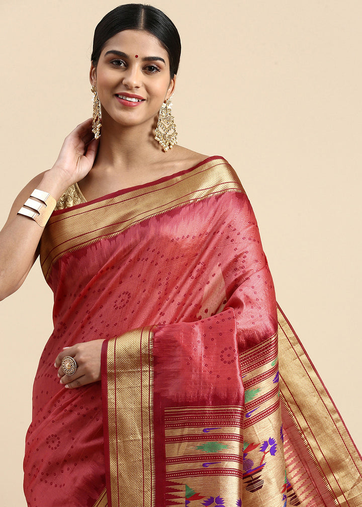 Shades of Red Bandhani Paithani Silk Saree with Exquisite Zari Pallu