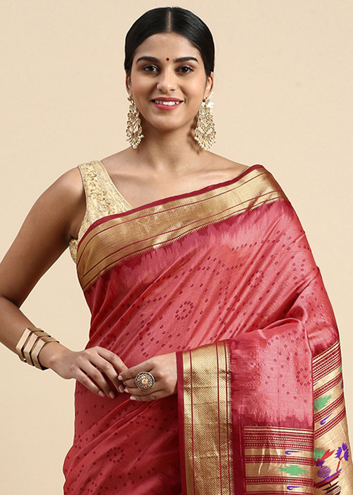 Shades of Red Bandhani Paithani Silk Saree with Exquisite Zari Pallu