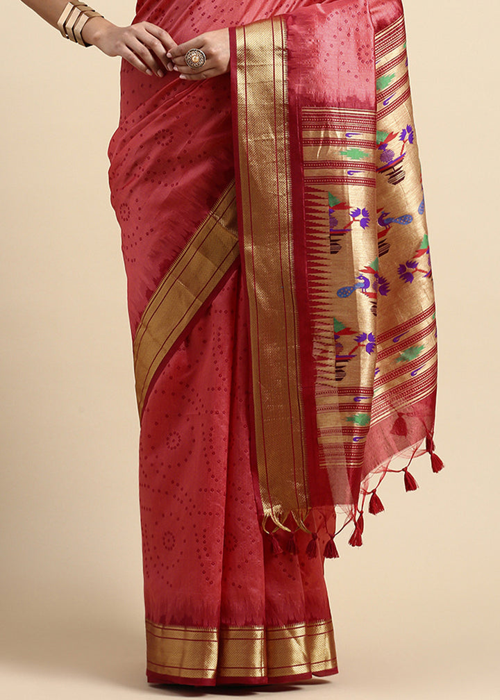 Shades of Red Bandhani Paithani Silk Saree with Exquisite Zari Pallu