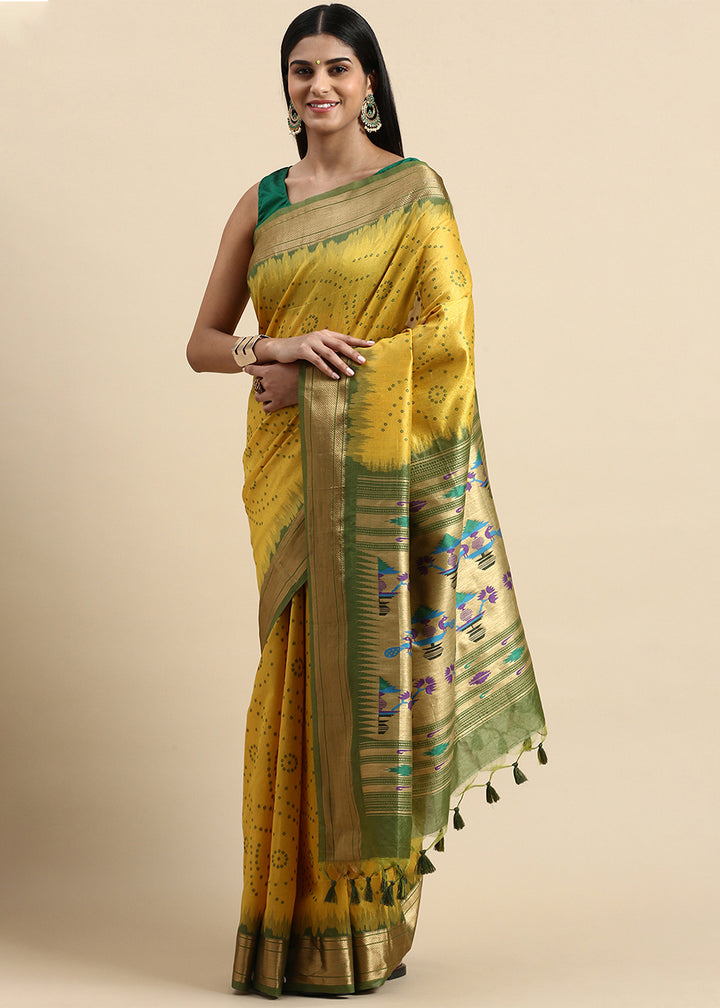 Cadmium Yellow Bandhani Paithani Silk Saree with Exquisite Zari Pallu