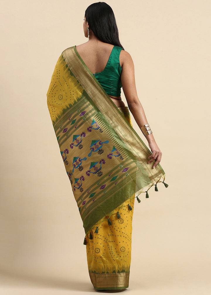 Cadmium Yellow Bandhani Paithani Silk Saree with Exquisite Zari Pallu