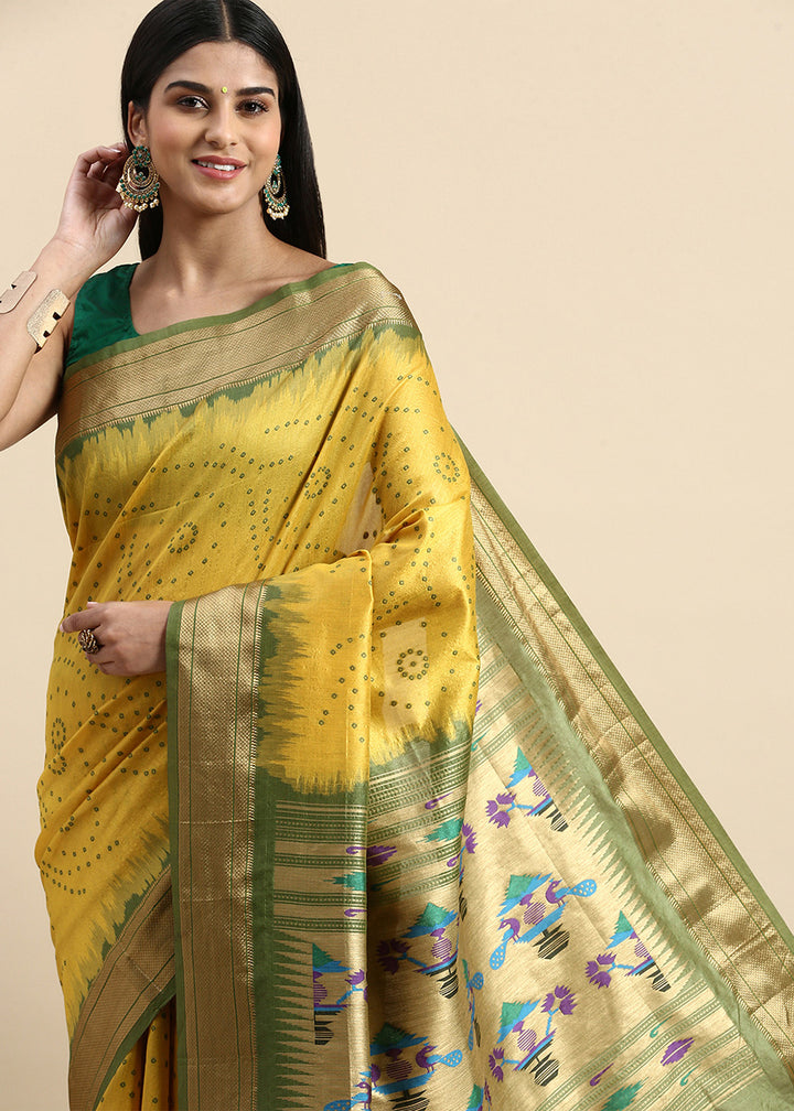 Cadmium Yellow Bandhani Paithani Silk Saree with Exquisite Zari Pallu