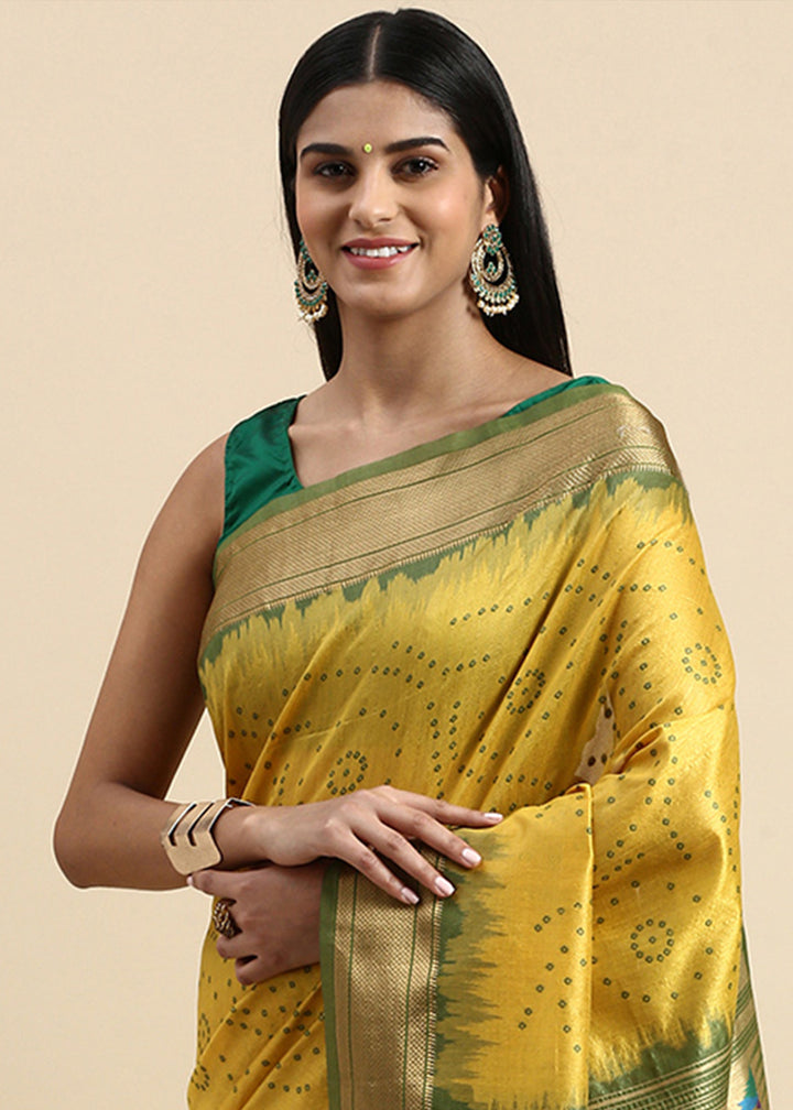 Cadmium Yellow Bandhani Paithani Silk Saree with Exquisite Zari Pallu