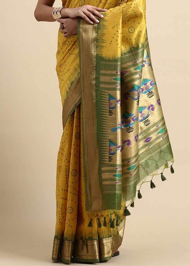 Cadmium Yellow Bandhani Paithani Silk Saree with Exquisite Zari Pallu