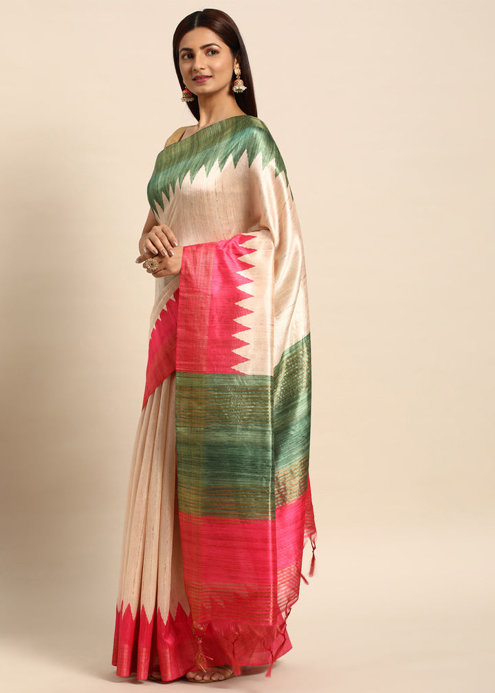 Cream White & Pink Tussar Silk Saree with Classic Temple Border Design