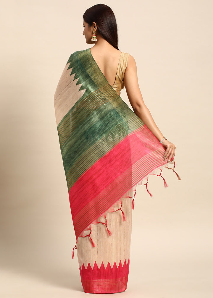 Cream White & Pink Tussar Silk Saree with Classic Temple Border Design