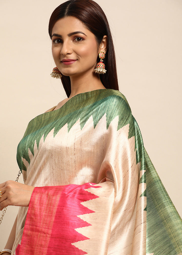 Cream White & Pink Tussar Silk Saree with Classic Temple Border Design