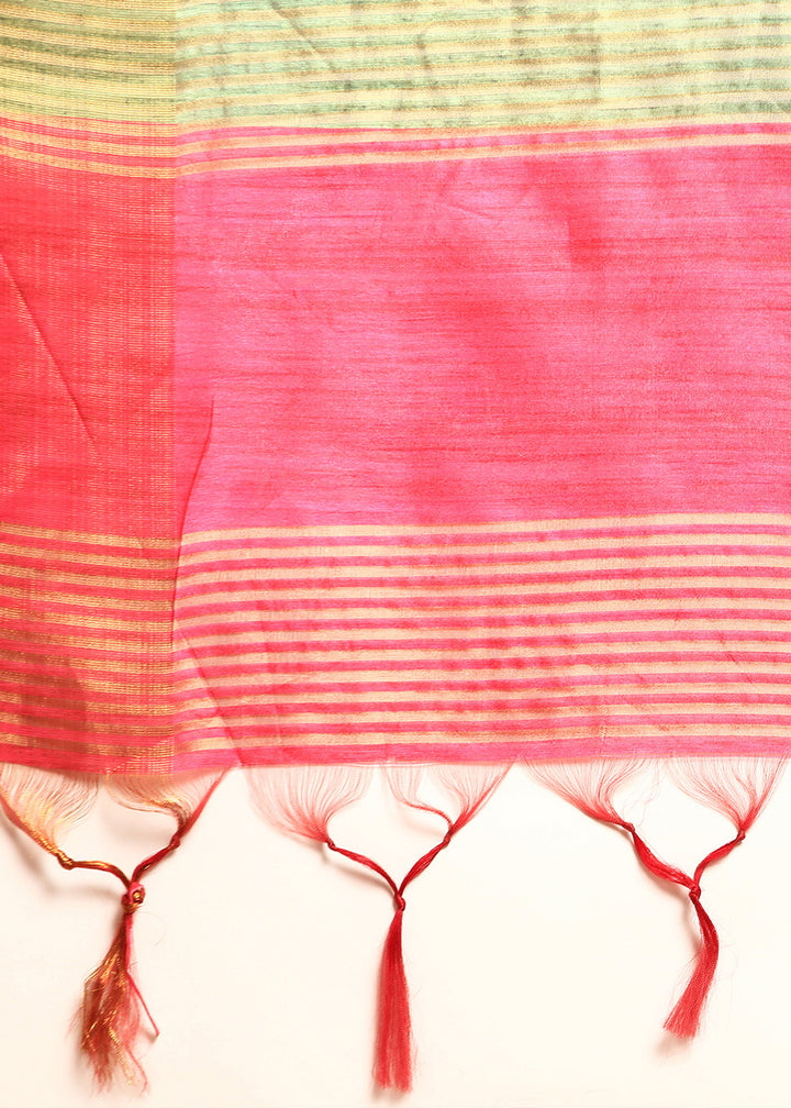 Cream White & Pink Tussar Silk Saree with Classic Temple Border Design