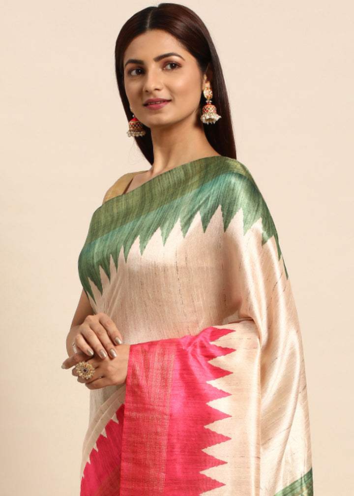 Cream White & Pink Tussar Silk Saree with Classic Temple Border Design