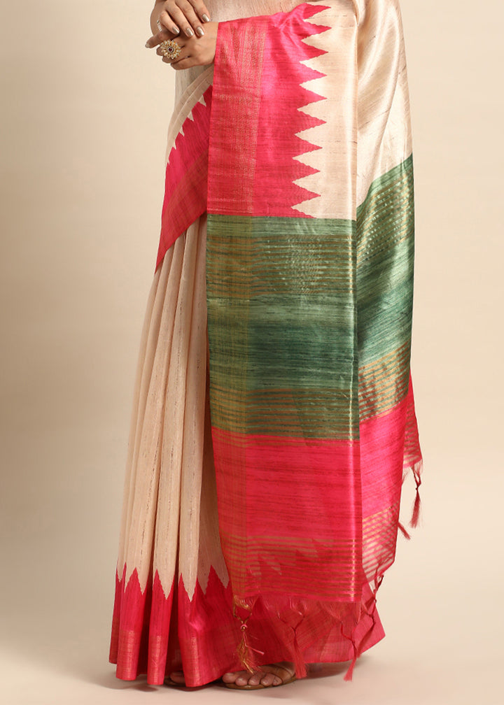 Cream White & Pink Tussar Silk Saree with Classic Temple Border Design