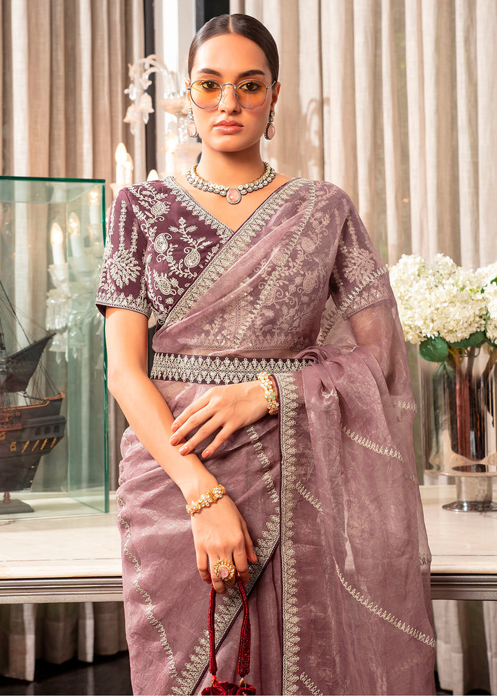 Chic Opera Mauve Purple Organza Saree with Detailed Embroidery