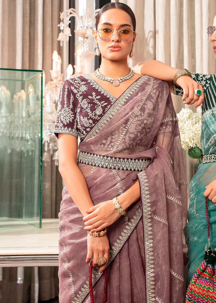 Chic Opera Mauve Purple Organza Saree with Detailed Embroidery