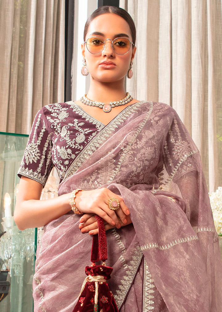Chic Opera Mauve Purple Organza Saree with Detailed Embroidery