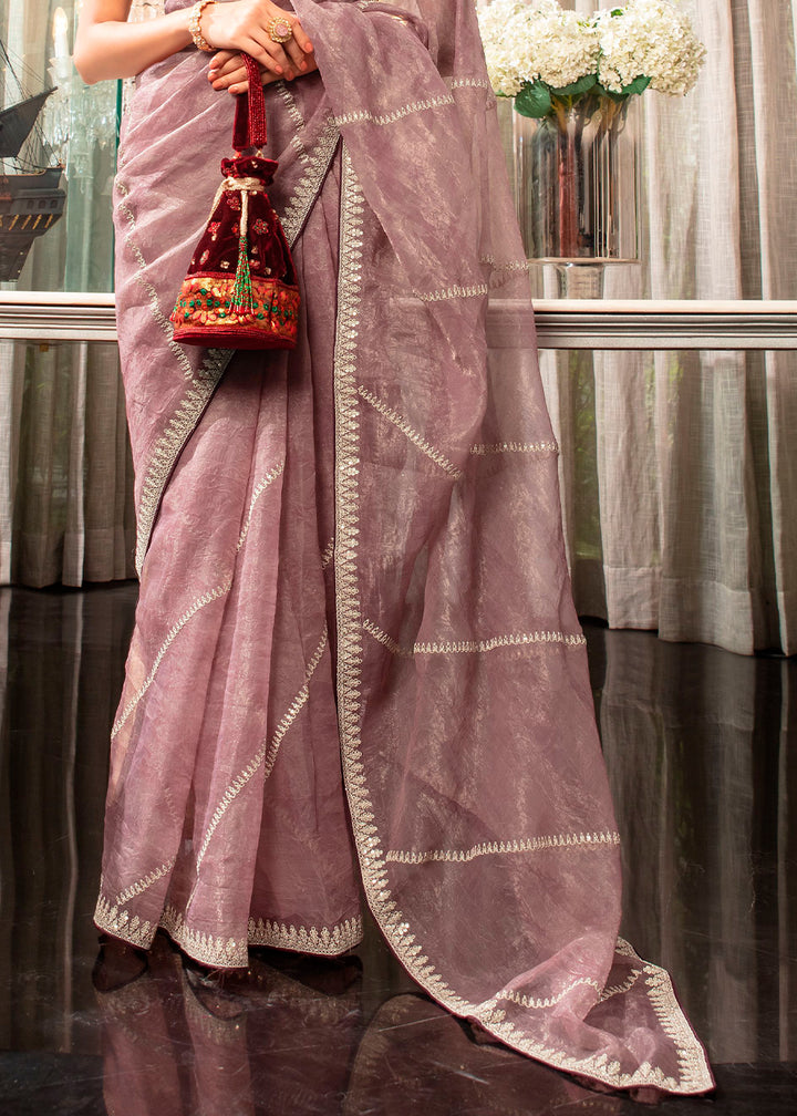 Chic Opera Mauve Purple Organza Saree with Detailed Embroidery