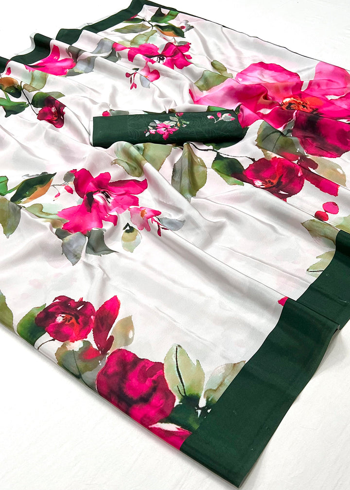 Pearl White Designer Printed Silk Crepe Saree