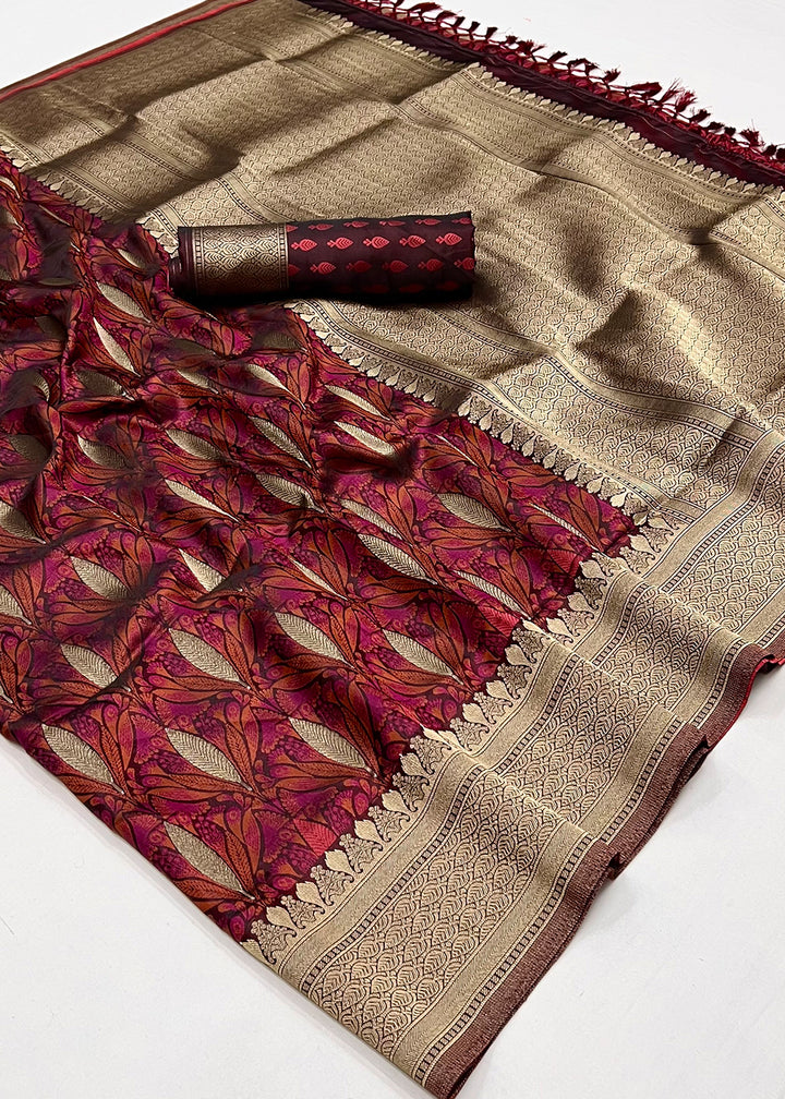 Garnet Red Handloom Satin Silk Saree Featuring Buttis All Over