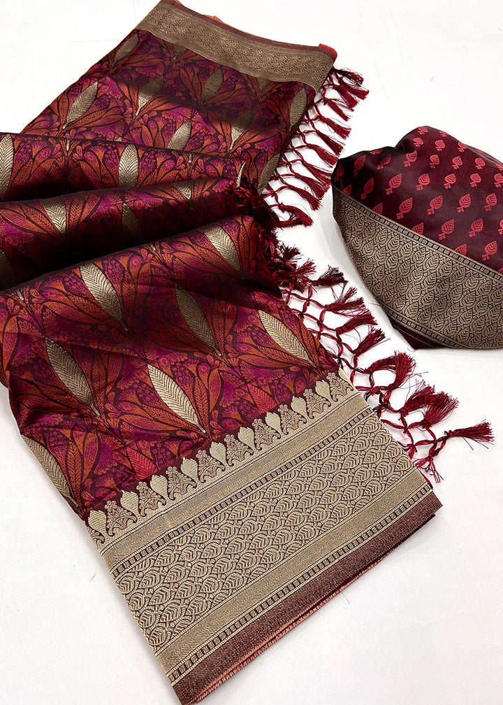 Garnet Red Handloom Satin Silk Saree Featuring Buttis All Over