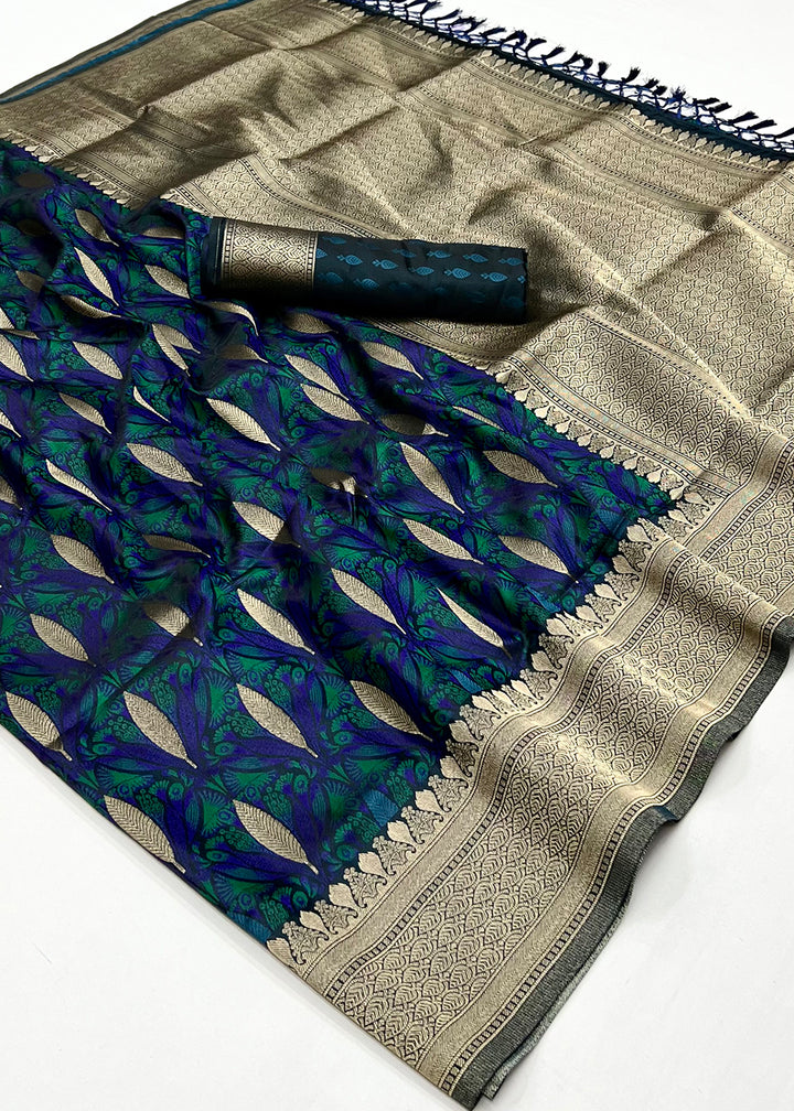 Greenish Blue Handloom Satin Silk Saree Featuring Buttis All Over