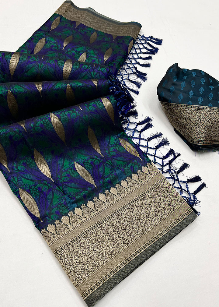 Greenish Blue Handloom Satin Silk Saree Featuring Buttis All Over
