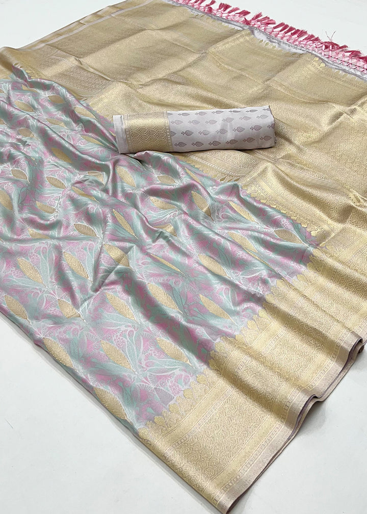 Heavenly Grey Handloom Satin Silk Saree Featuring Buttis All Over