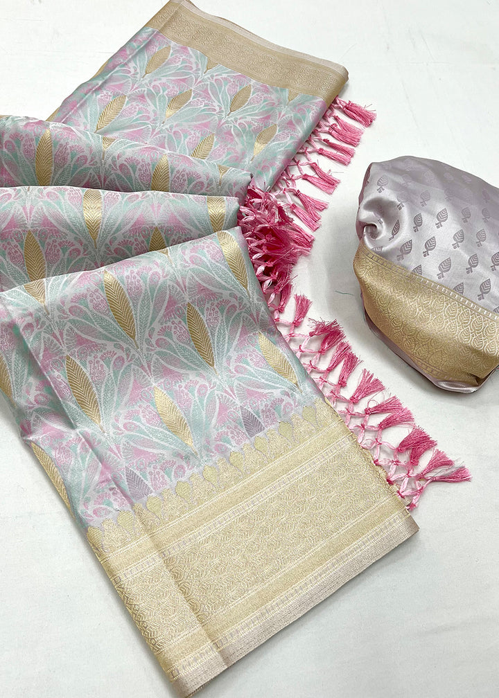 Heavenly Grey Handloom Satin Silk Saree Featuring Buttis All Over