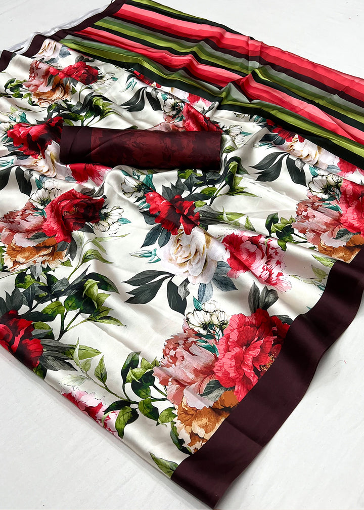 Daisy White & Pink Satin Silk Saree with Shaded Digital Print Design