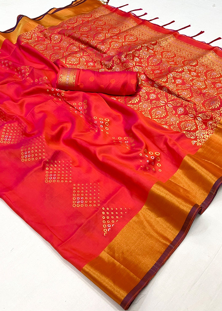 Reddish Pink Handloom Satin Silk Saree - Woven to Perfection