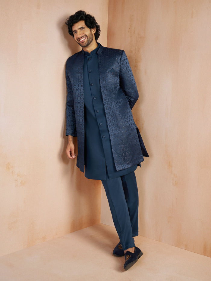 Men's Blue Jacquard Silk Blend Sherwani Jacket with Matching Pant Set