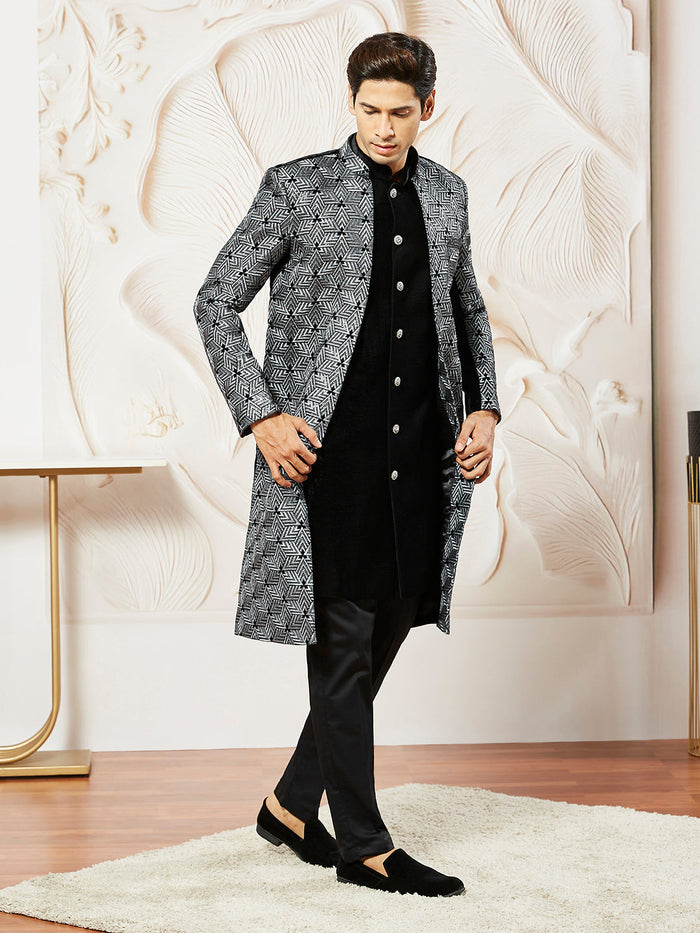 Men's Gray Velvet Indo Western,Semi Indo And Pyjama Set