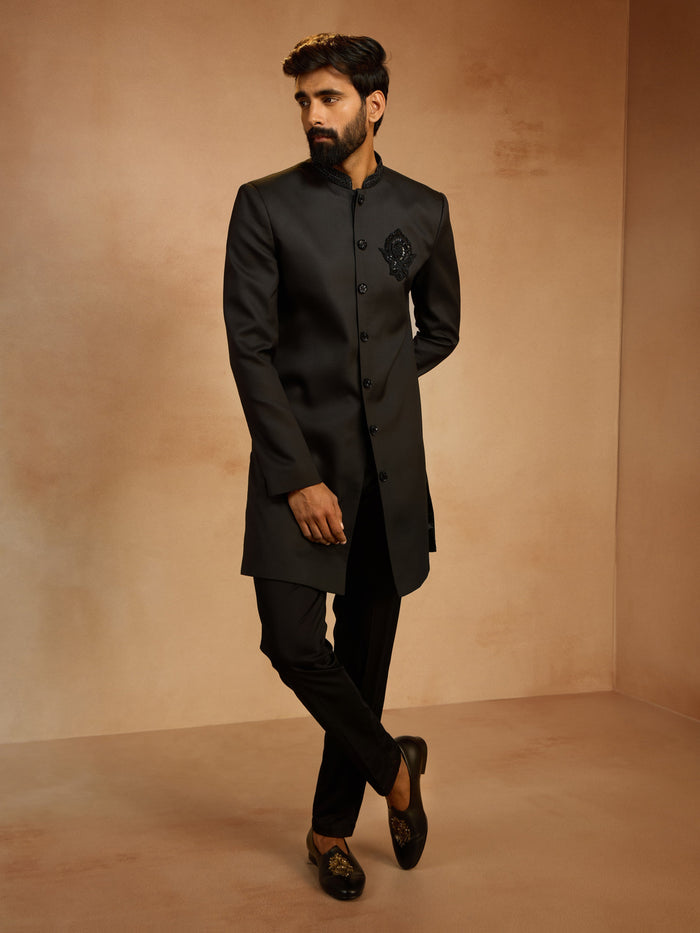 Men's Black Cutdana Sequin Embroidered Indo-Western Kurta with Pant Style Pyjama Set
