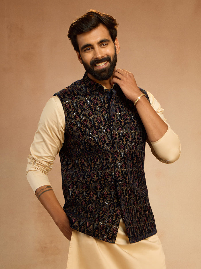 Men's Navy Blue Velvet Sequin Embroidered Nehru Jacket