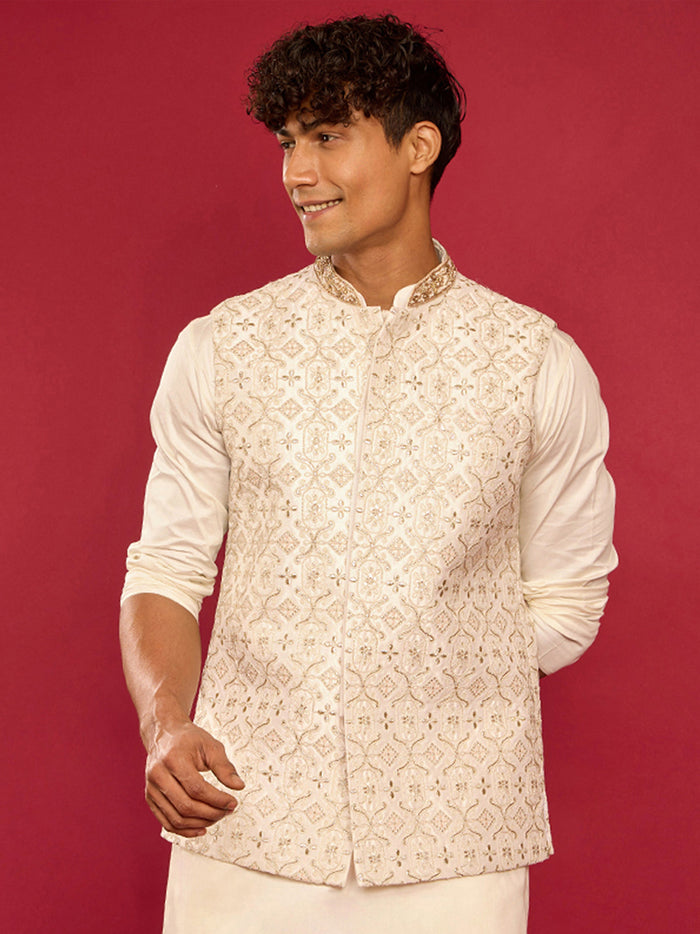 White Silk Blend Thread & Zardozi Embroidered Nehru Jacket